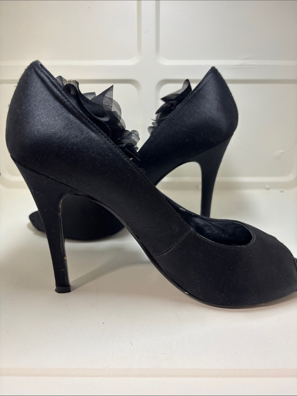 Nine West Black Floral Peep-Toe Pumps with Fabric Rosette - Picture 7 of 10